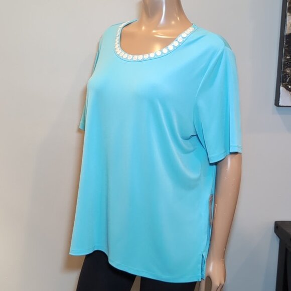Tanjay Aqua Short Sleeve Top Embellished Scoop Neck Beaded Rhinestone Resort - Picture 6 of 13